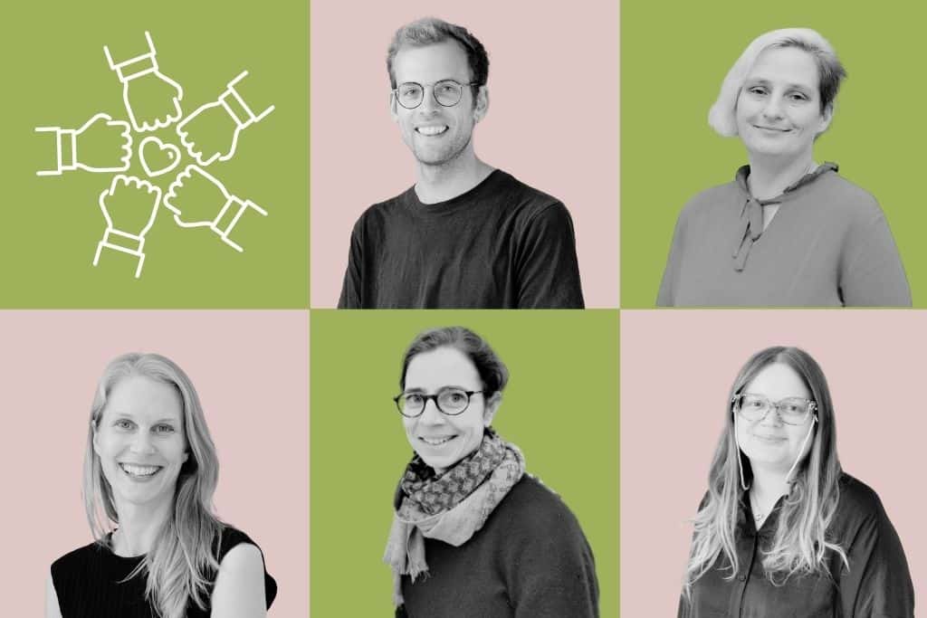 Eine Collage aus 6 Bildern mit Portraitfotos des Soul Office-Teams